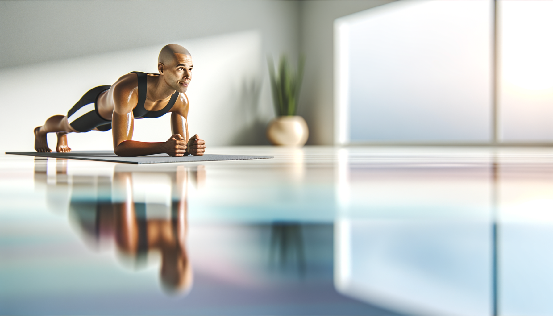 Athlete holding a strong plank position on a yoga mat