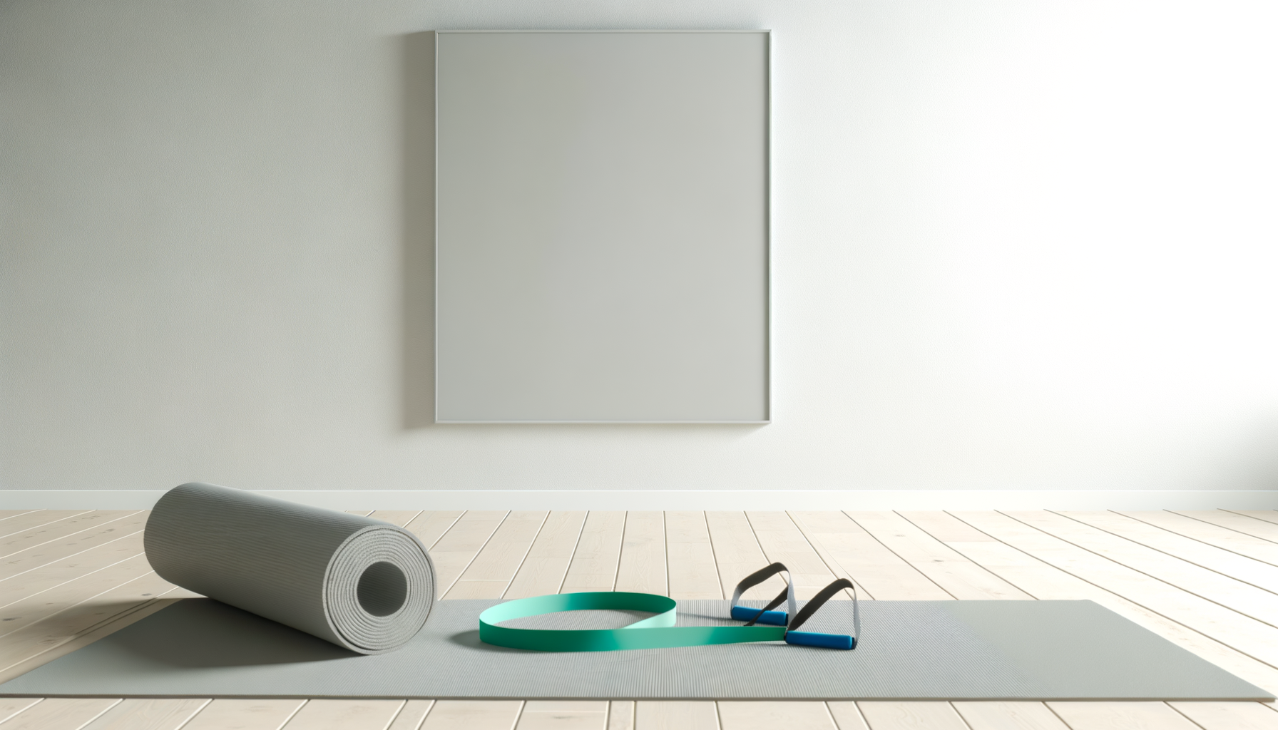 Minimal home workout setup with a yoga mat and resistance band