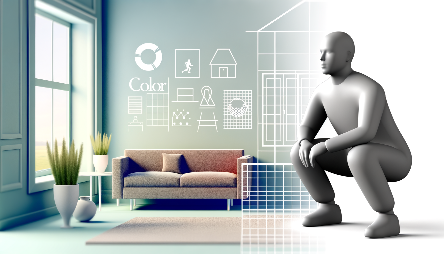 Person exercising in a living room performing a squat in front of a sofa