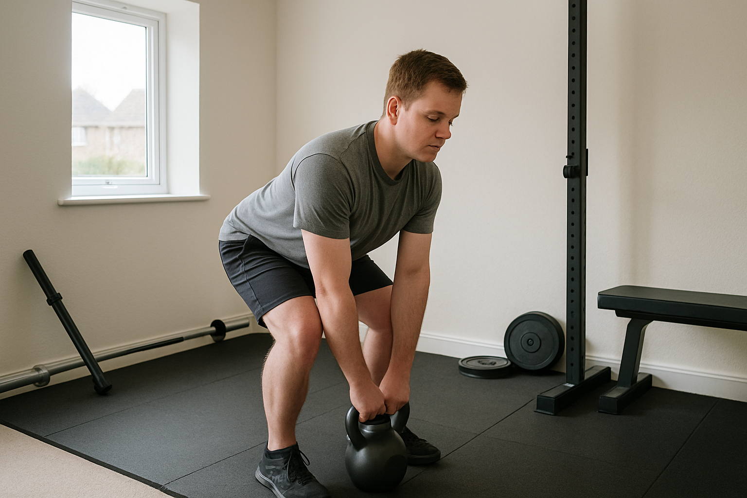 Beginner performing a kettlebell deadlift in a small UK home gym