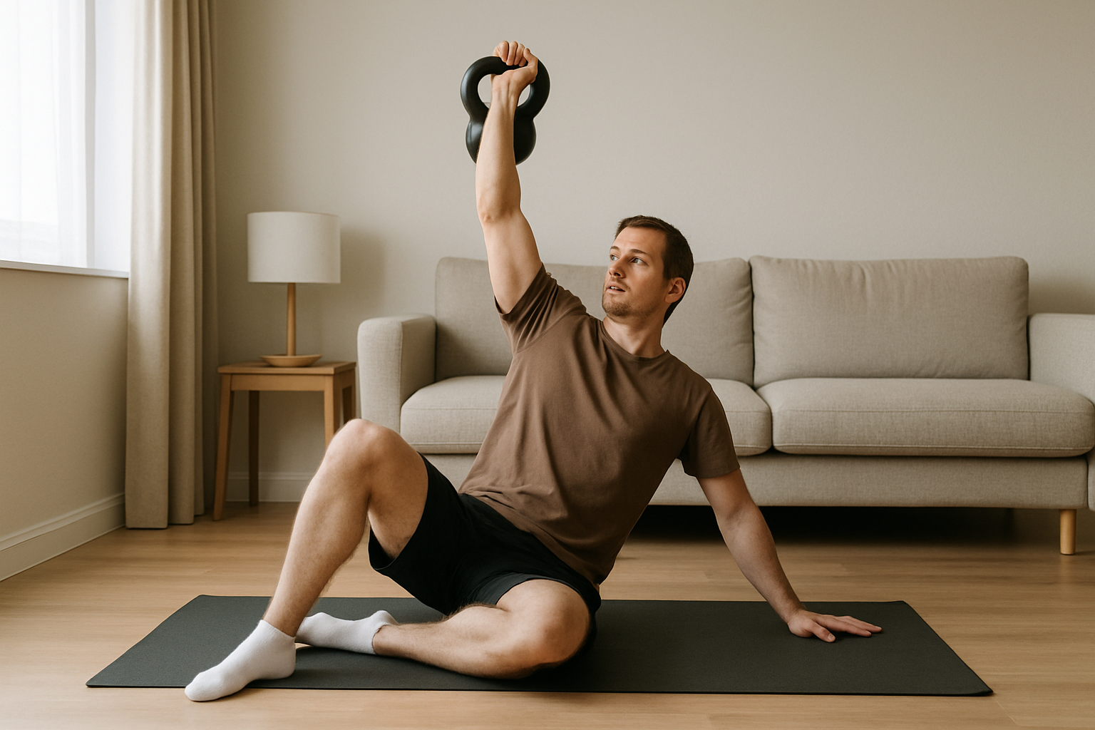 Beginner practising the Turkish get-up with a light kettlebell in a UK flat