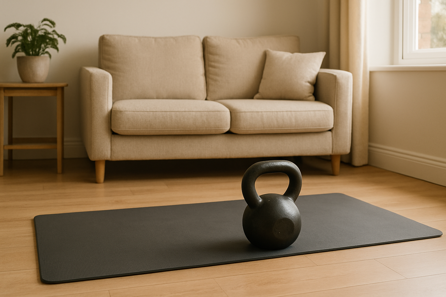 Compact kettlebell workout in a UK living room with mat and single bell