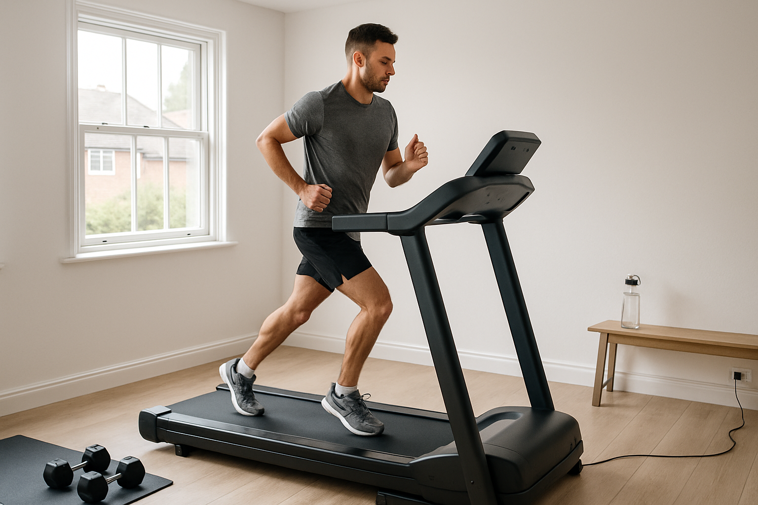 Runner on a treadmill in a bright UK home gym, focusing on an interval workout
