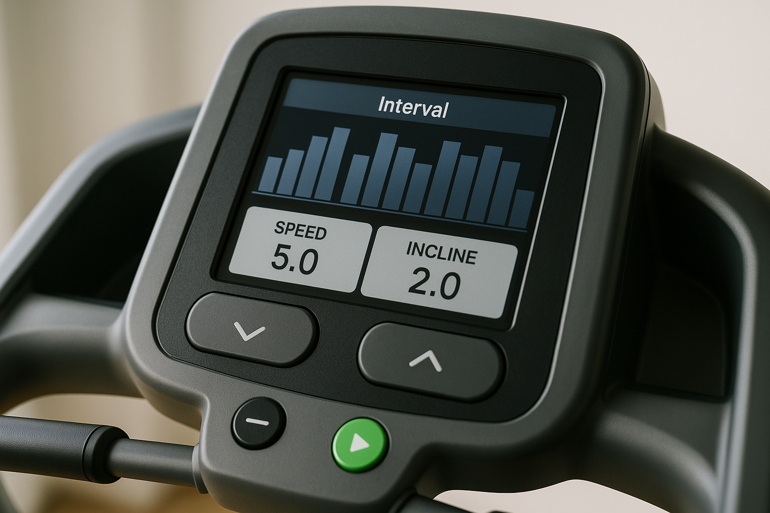 Treadmill console close-up showing interval workout structure with speed and incline controls