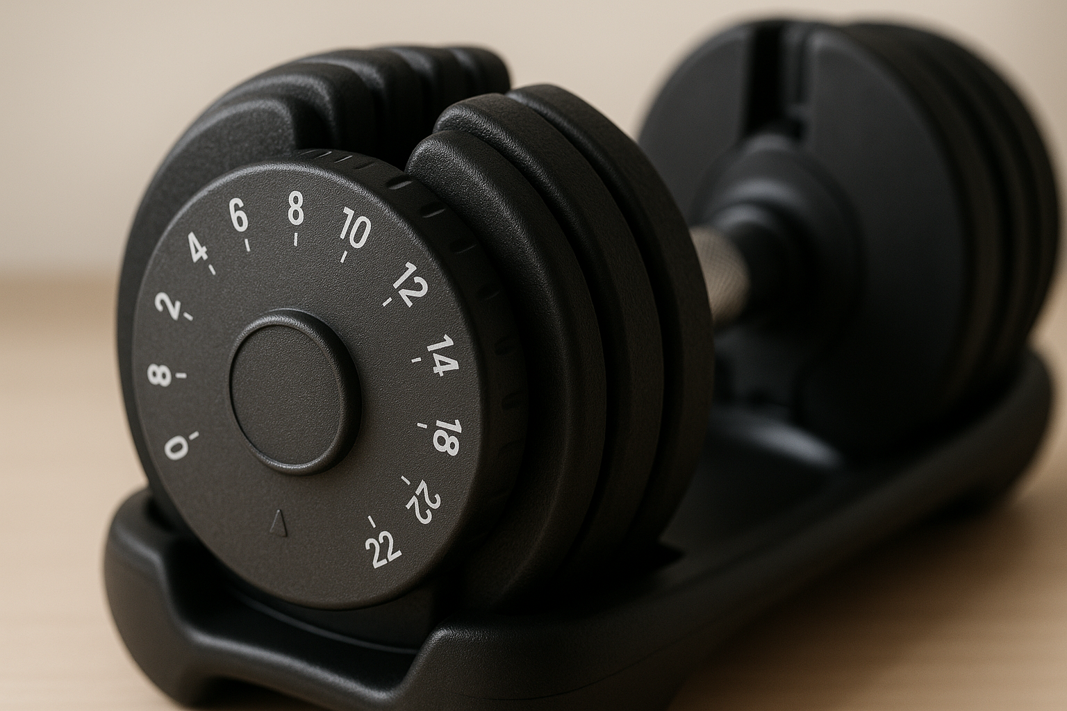 Close-up of adjustable dumbbell dial showing 2 to 24 kg increments