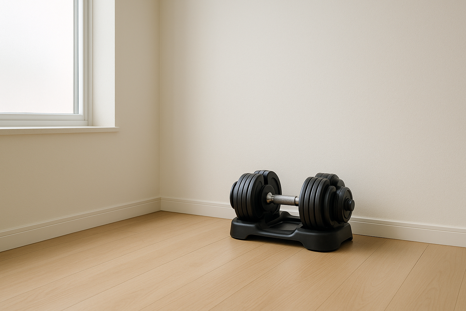 Compact adjustable dumbbells stored neatly in a small spare room