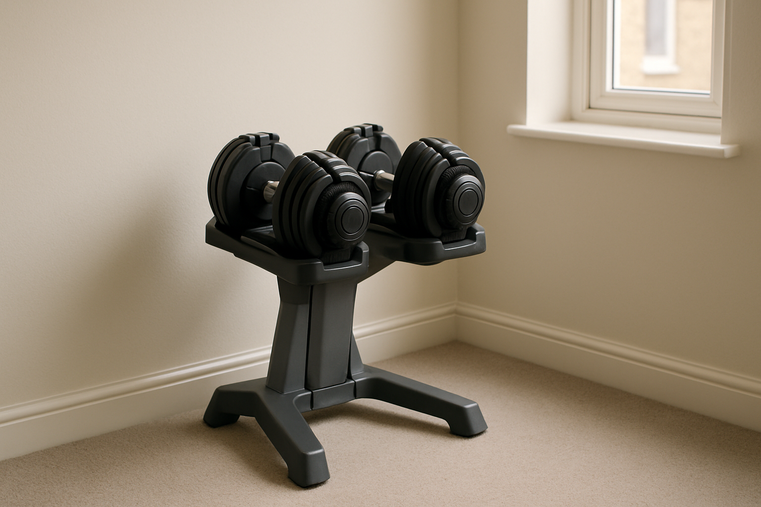 Pair of adjustable dumbbells on a compact stand in a small UK flat