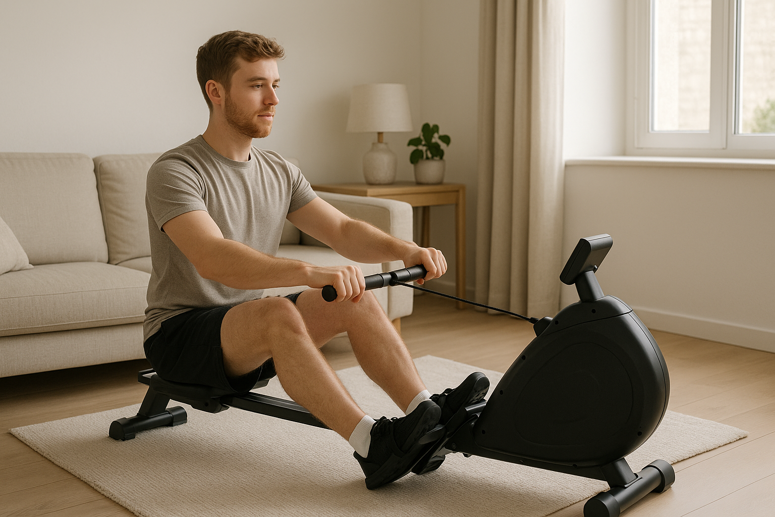 Beginner using a compact rowing machine in a UK flat living room