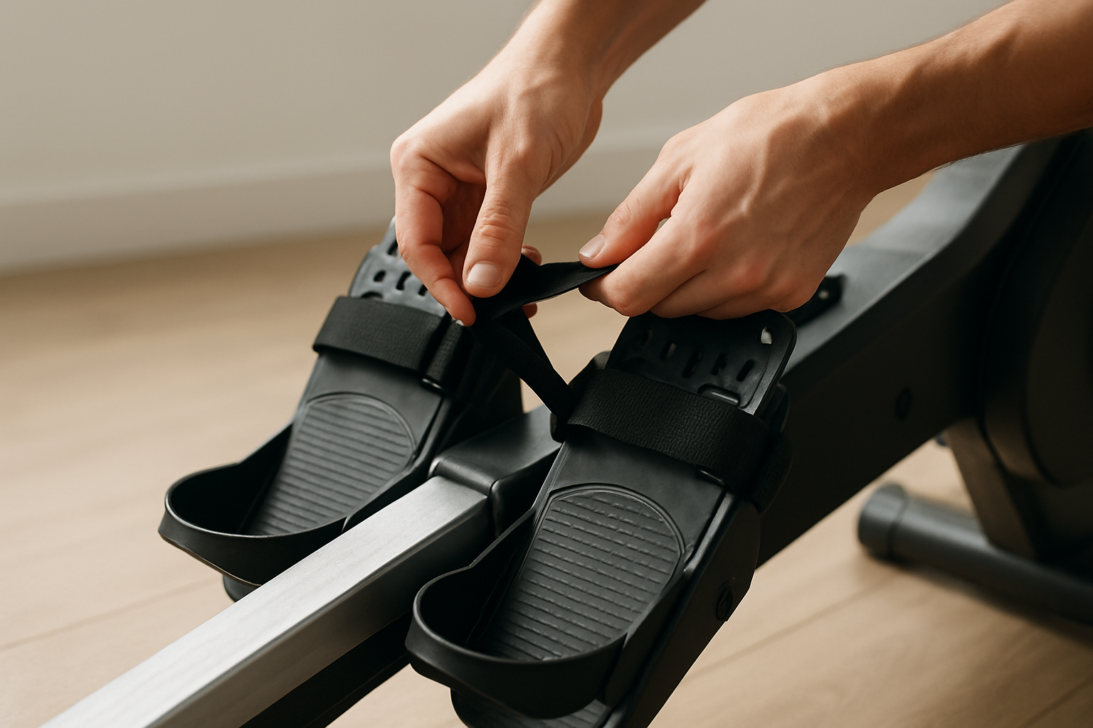 Close-up of rowing machine foot straps being adjusted before a workout