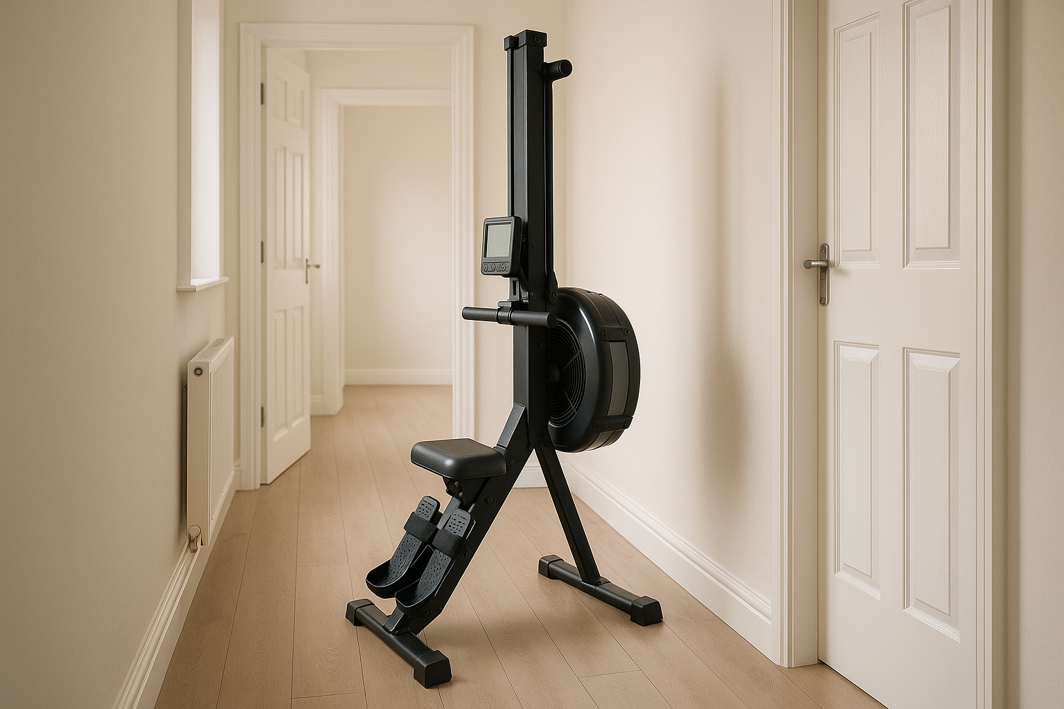 Foldable rowing machine stored upright in a hallway of a UK home