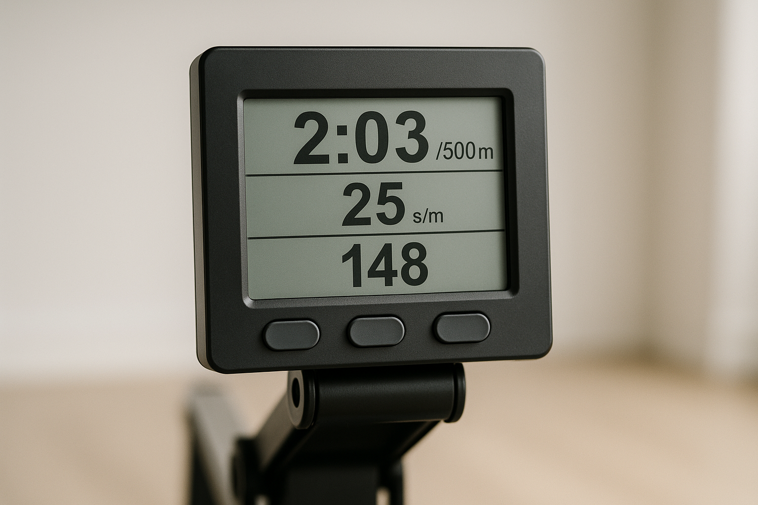 Rowing machine monitor showing split time, stroke rate and heart rate during a session