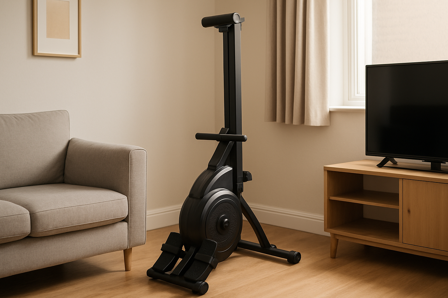 Compact magnetic rowing machine folded upright in a small UK flat living room