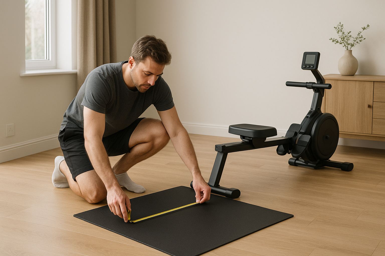 Person measuring floor space and placing a rubber mat for a compact rower in a UK home