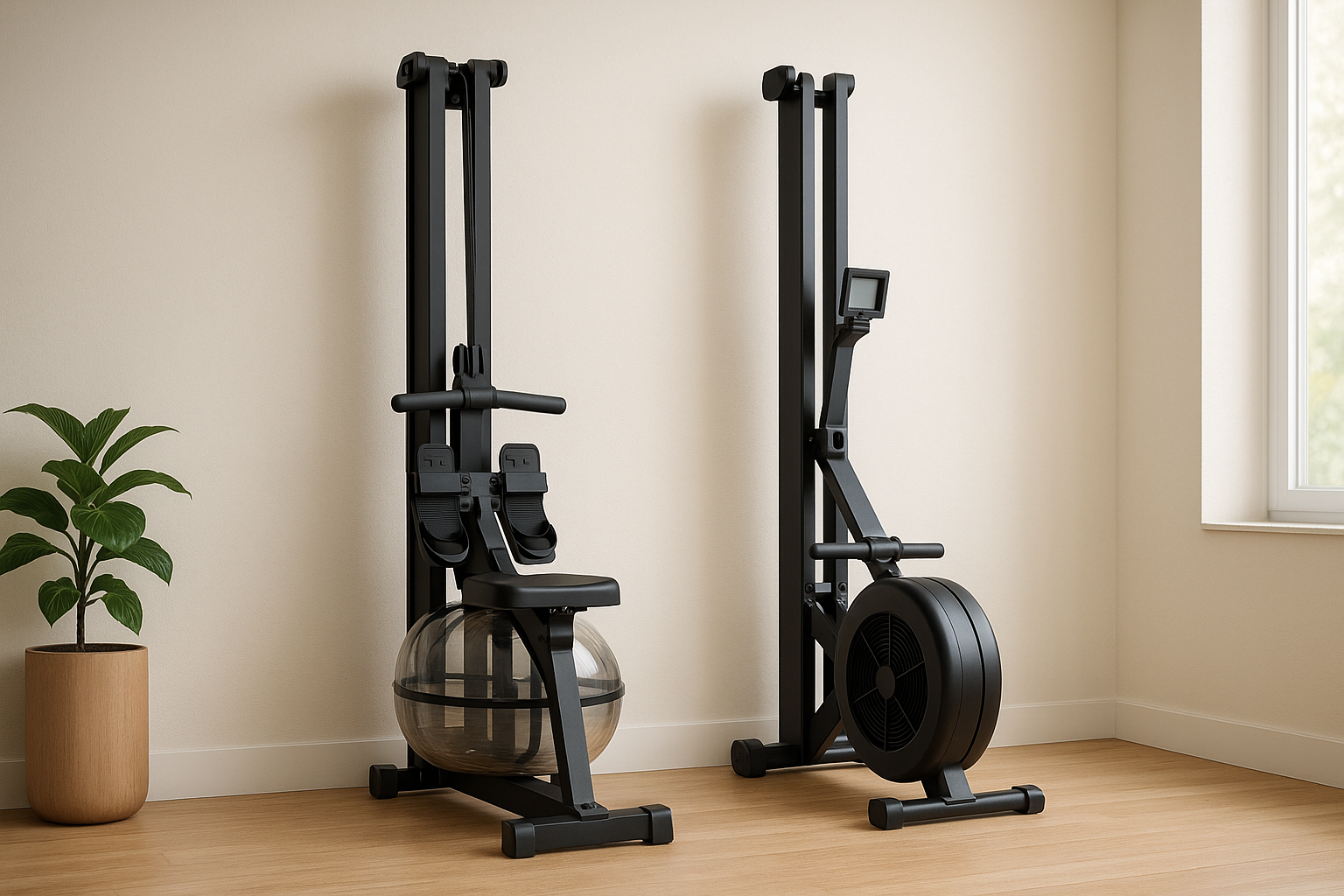 Side-by-side image of folded rowing machines showing compact footprints
