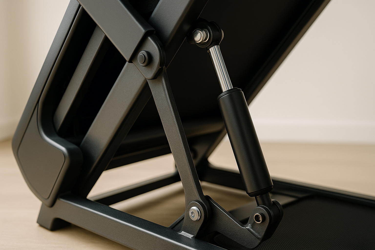 Close-up of a hydraulic soft-drop folding mechanism on a home treadmill