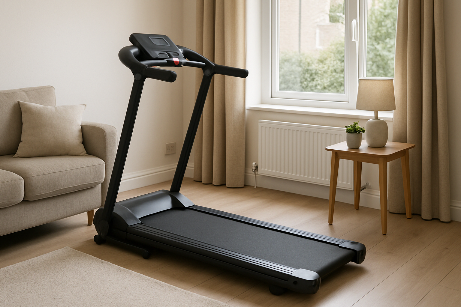 Folding treadmill set up in a compact UK living room