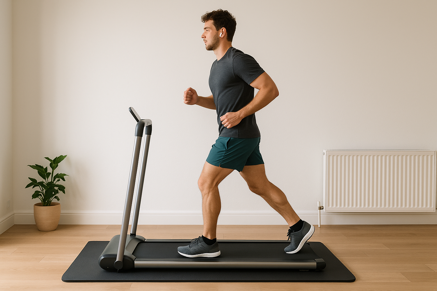 Runner using a folding treadmill on a thick mat to reduce noise in a UK flat