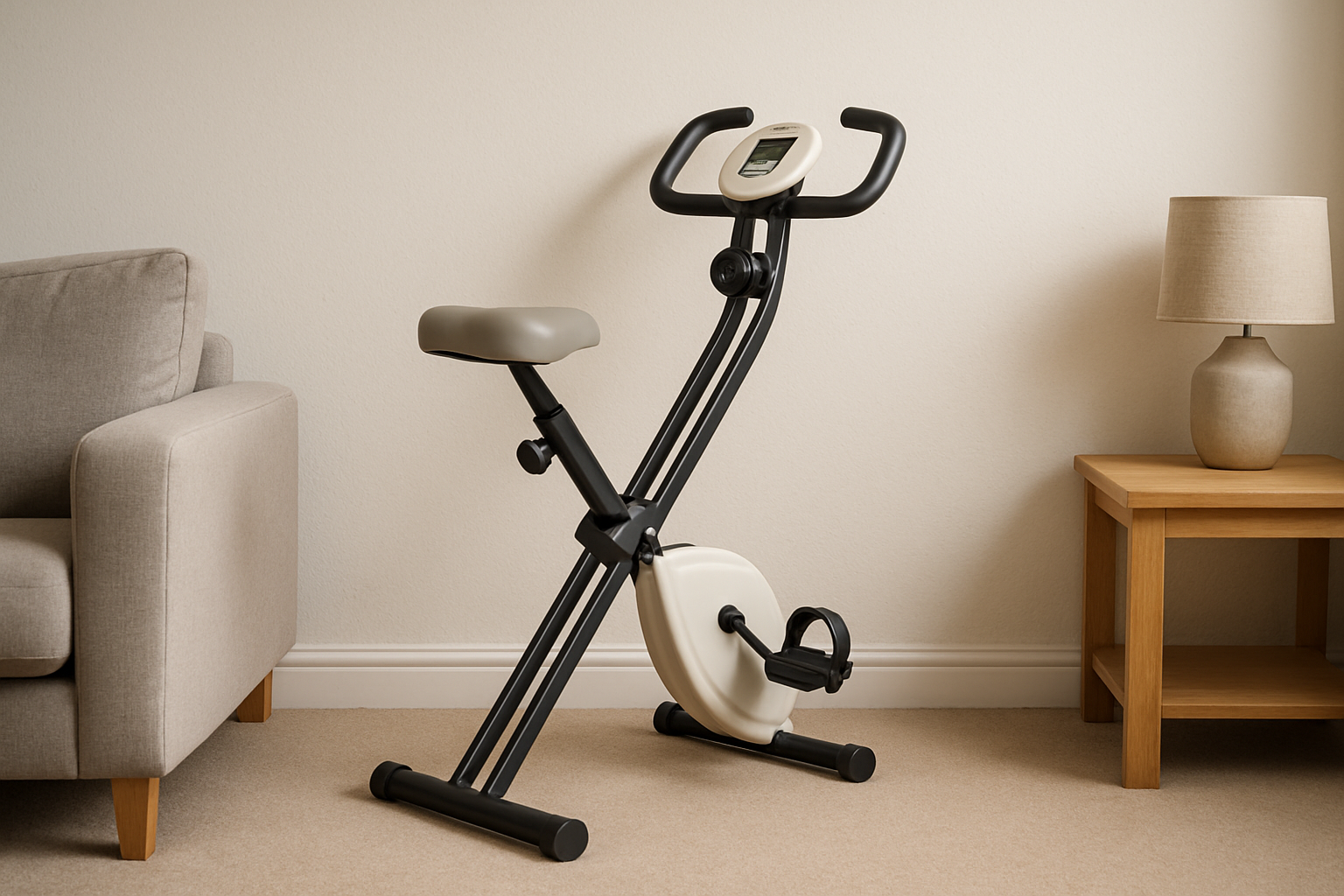 Compact exercise bike against a wall in a UK flat living room