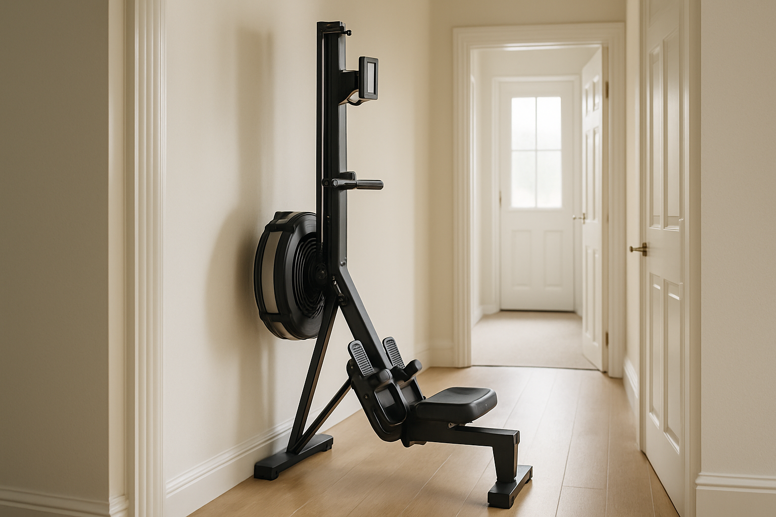 Rowing machine stored upright in a hallway of a UK flat, showing space-saving footprint
