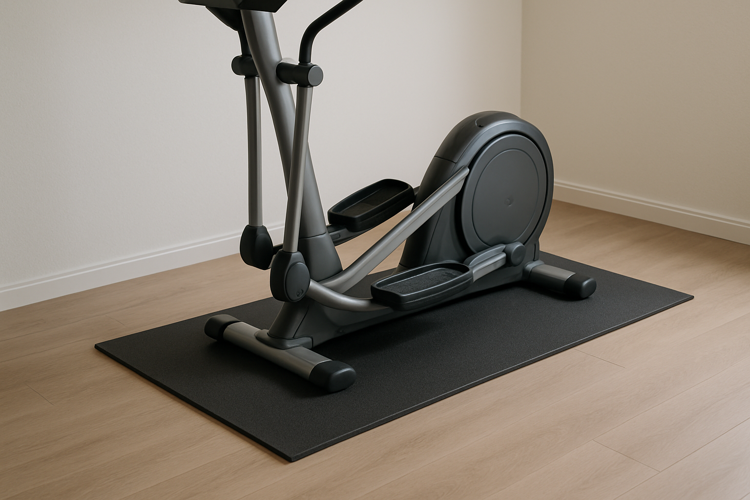 Rubber gym mat under a cardio machine to reduce noise and protect floors in a UK flat