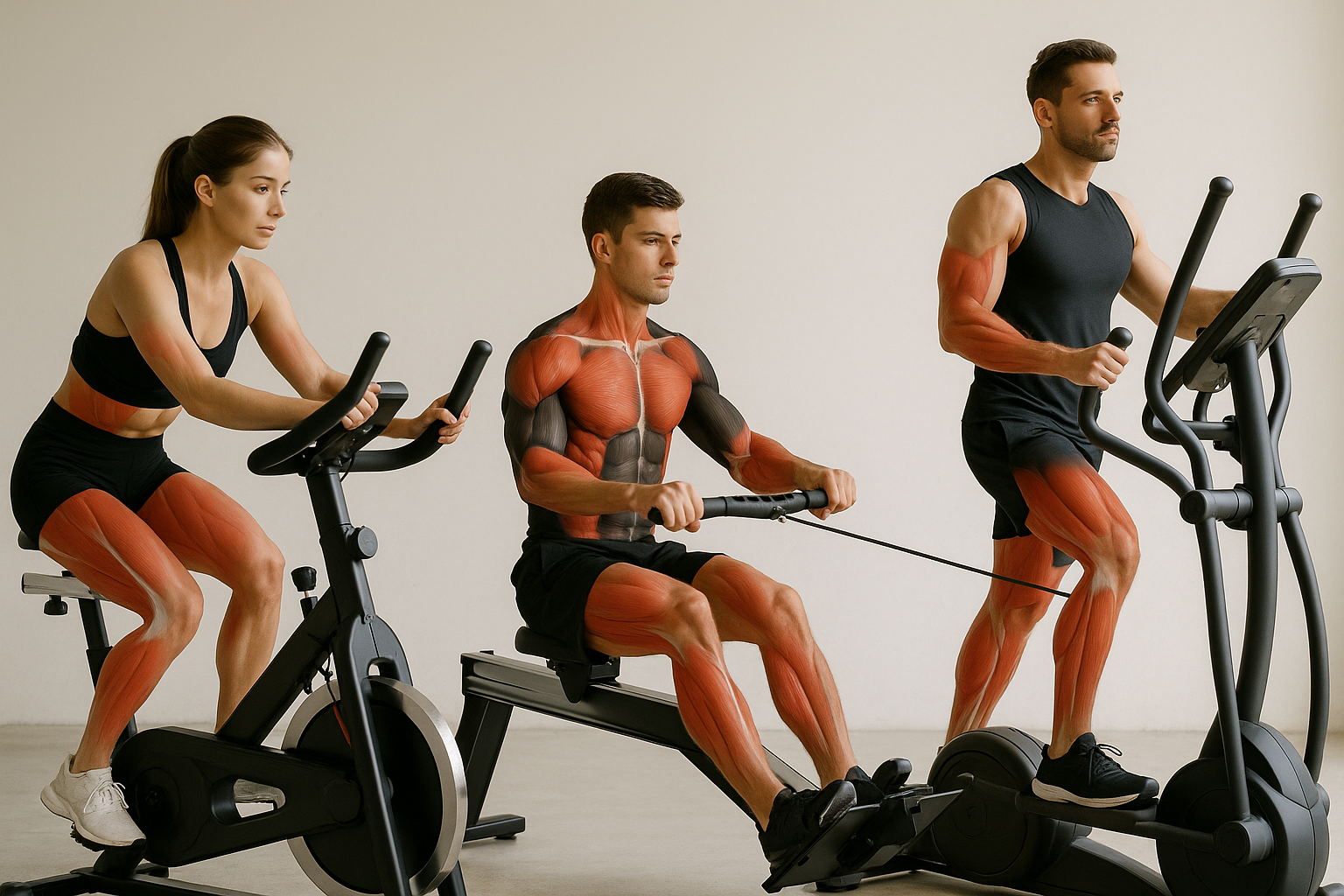 Simple diagram suggestion showing main muscle groups used on an exercise bike, rowing machine and cross-trainer