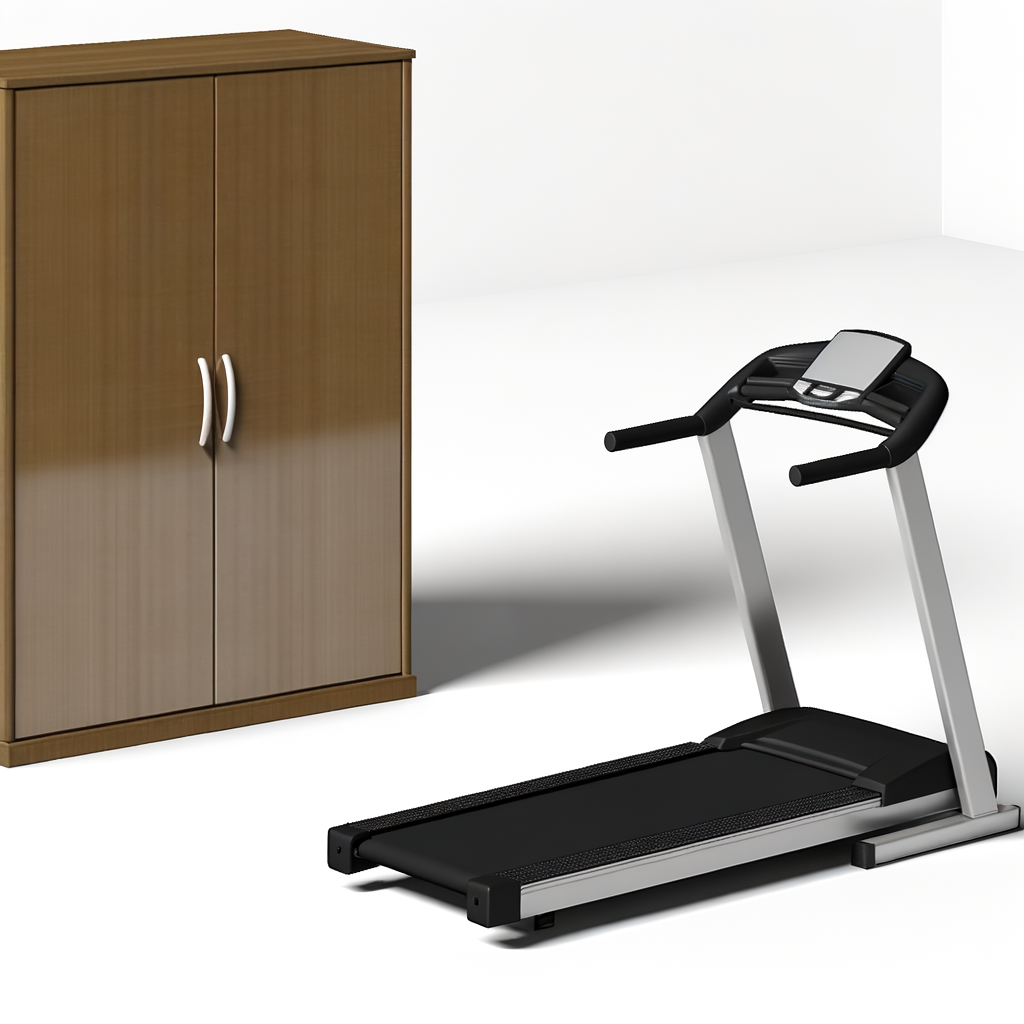 Folding treadmill being stored upright beside a wardrobe