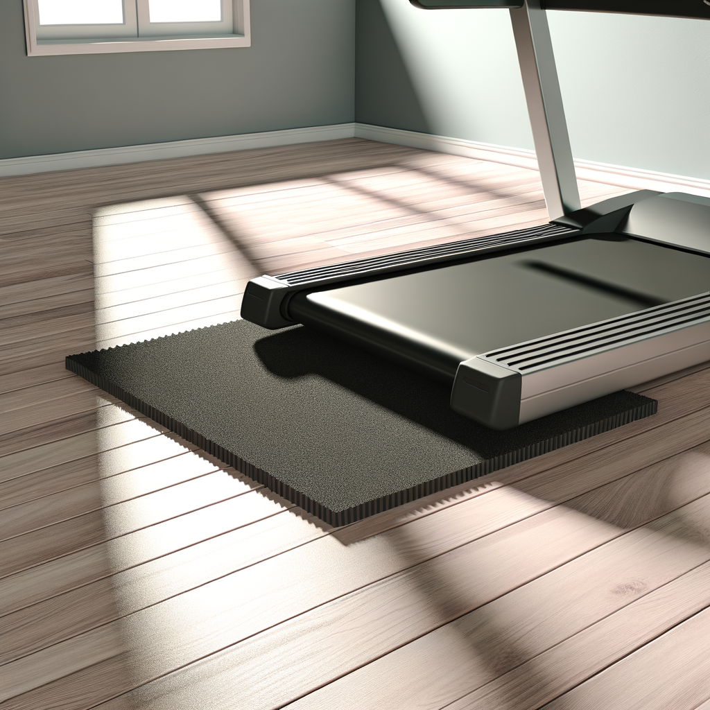 Rubber treadmill mat placed on a wooden floor to reduce noise and vibration