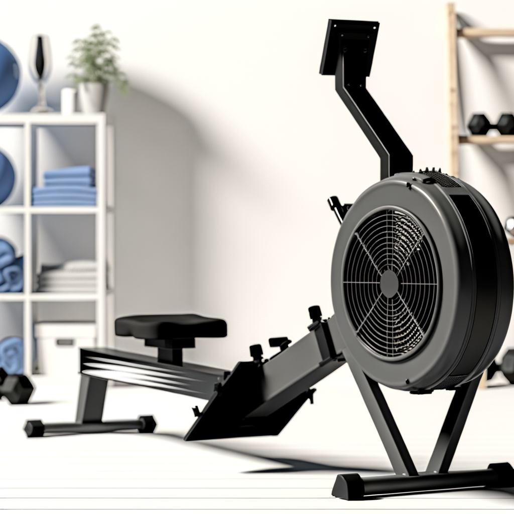 Air rower with fan flywheel in a home workout area