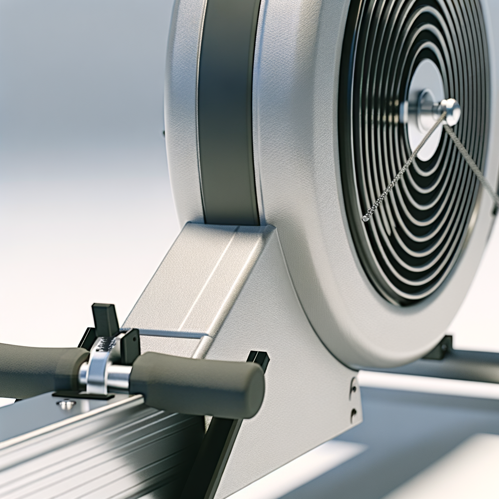 Magnetic rowing machine close-up of flywheel and rail