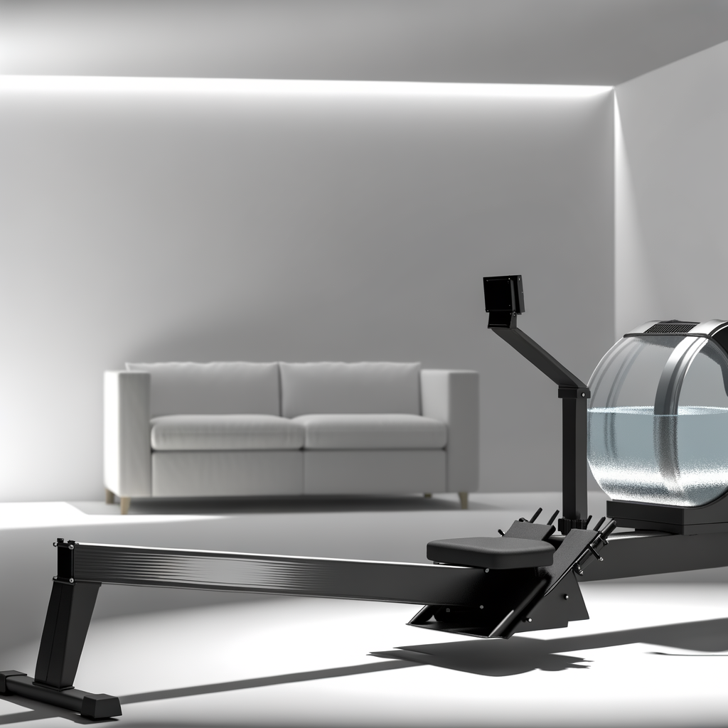 Water rowing machine with clear tank in a living room
