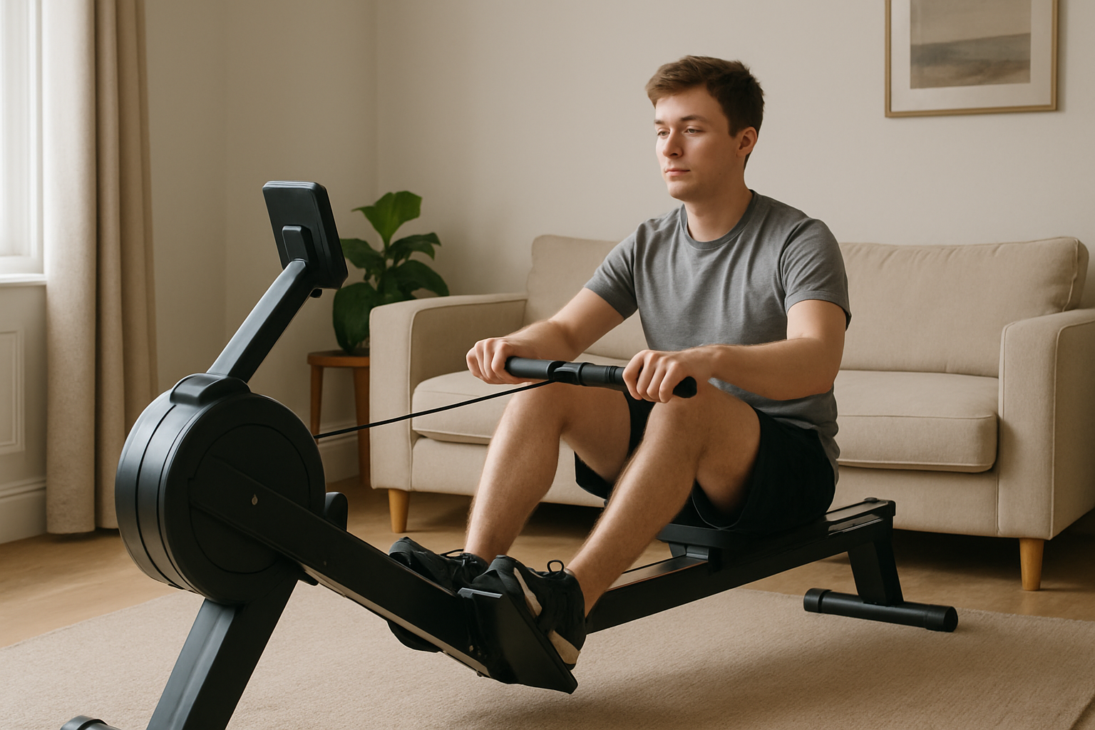 Beginner using a rowing machine in a UK home living room