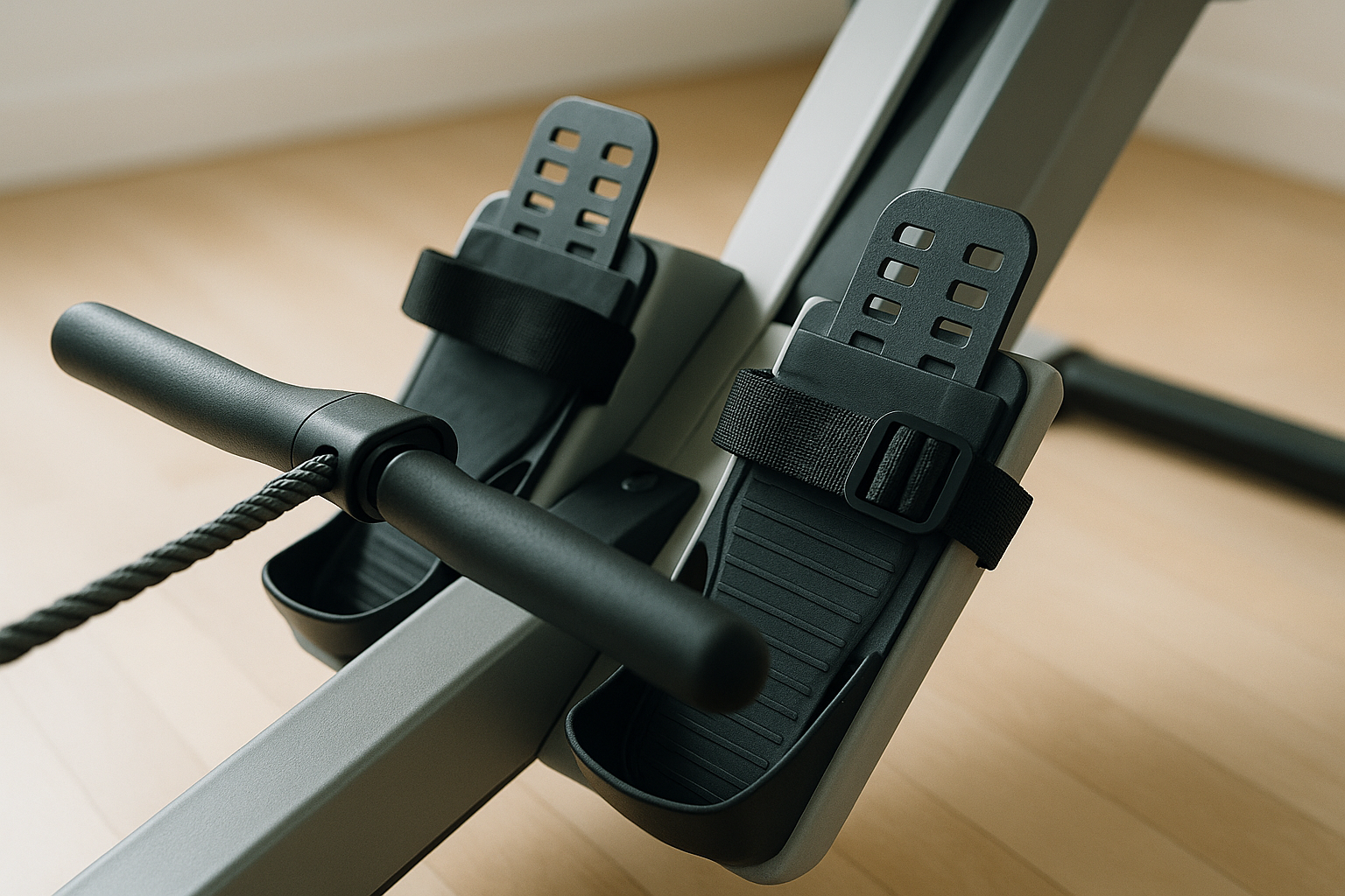 Close-up of rowing machine foot straps and handle setup for safe technique