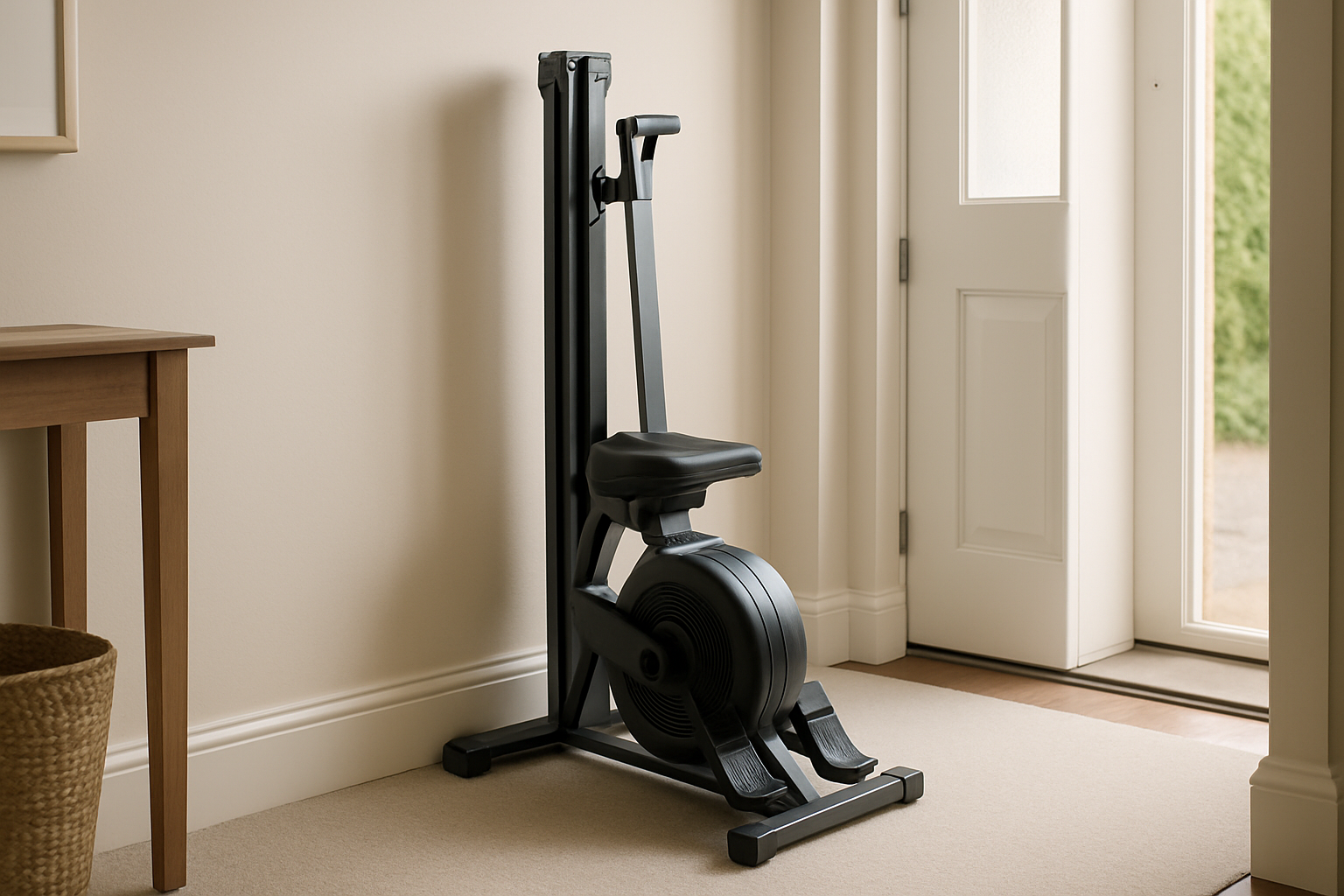 Compact rowing machine folded and stored neatly in a UK hallway