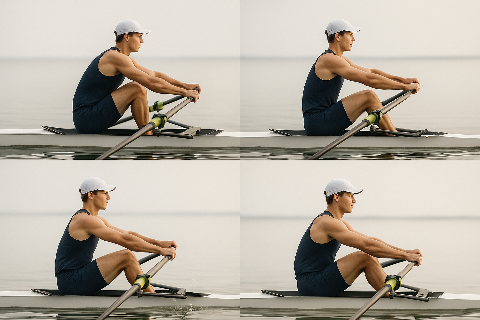Diagram showing the four phases of the rowing stroke: catch, drive, finish, recovery