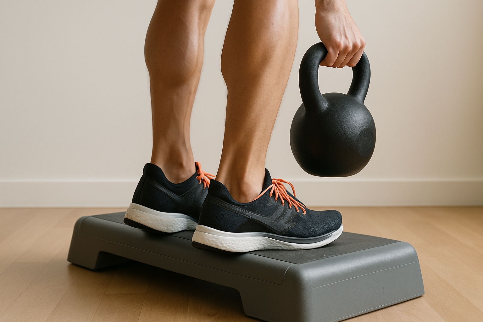 Close-up of calf raises on a step with a kettlebell for runners
