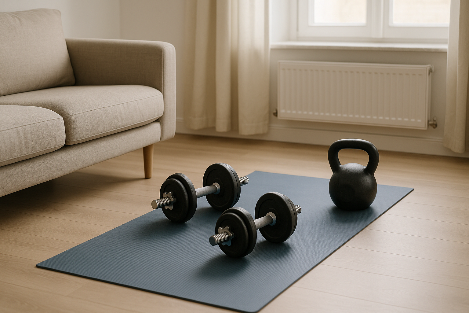 Home strength training setup with dumbbells, a kettlebell and a yoga mat in a UK living room