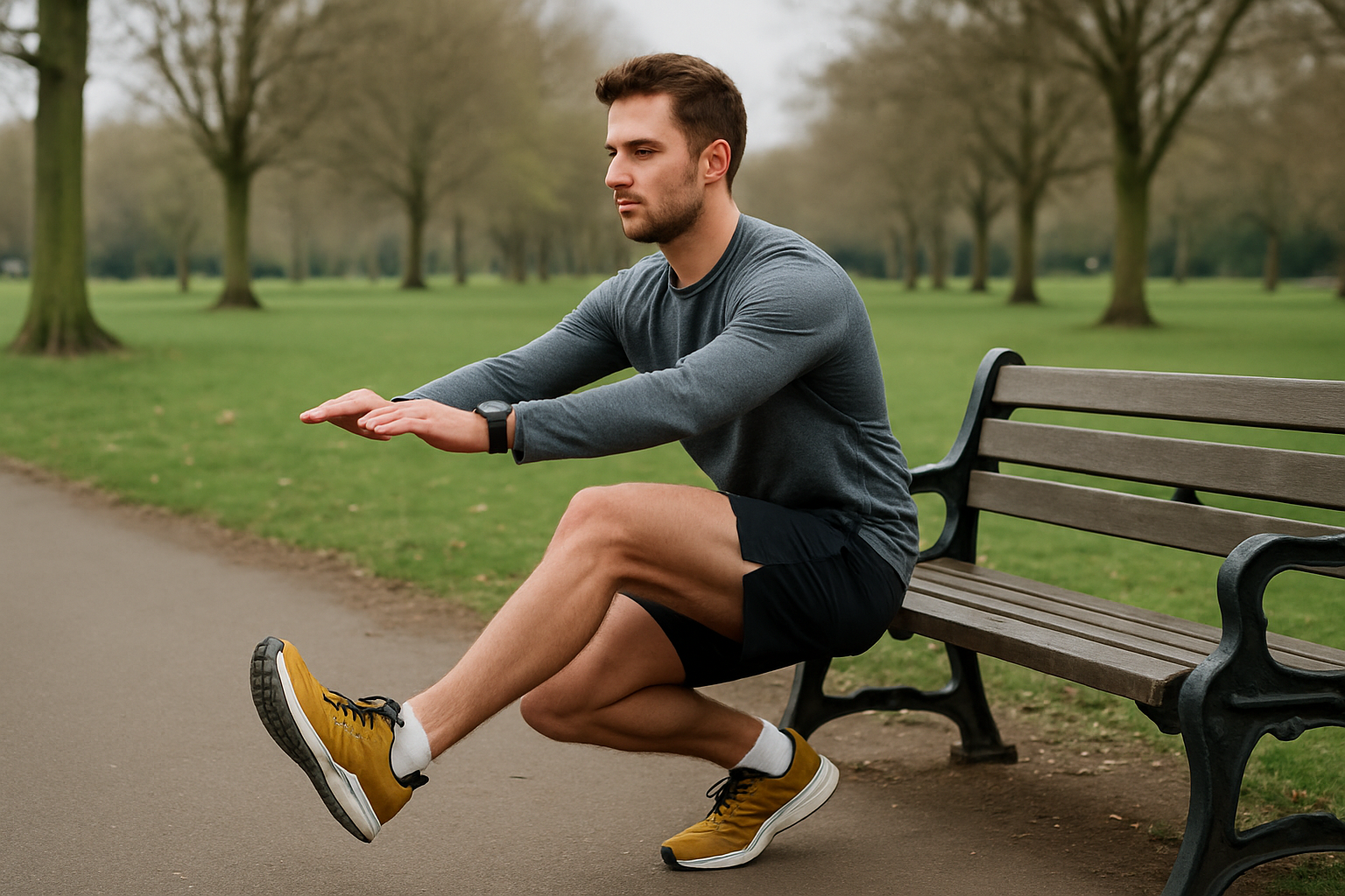Runner performing single-leg squat next to a park bench in a UK park