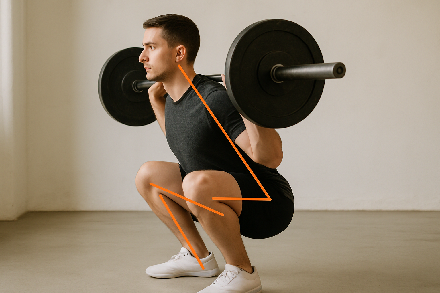 Squat form diagram overlay showing knee tracking and torso angle cues