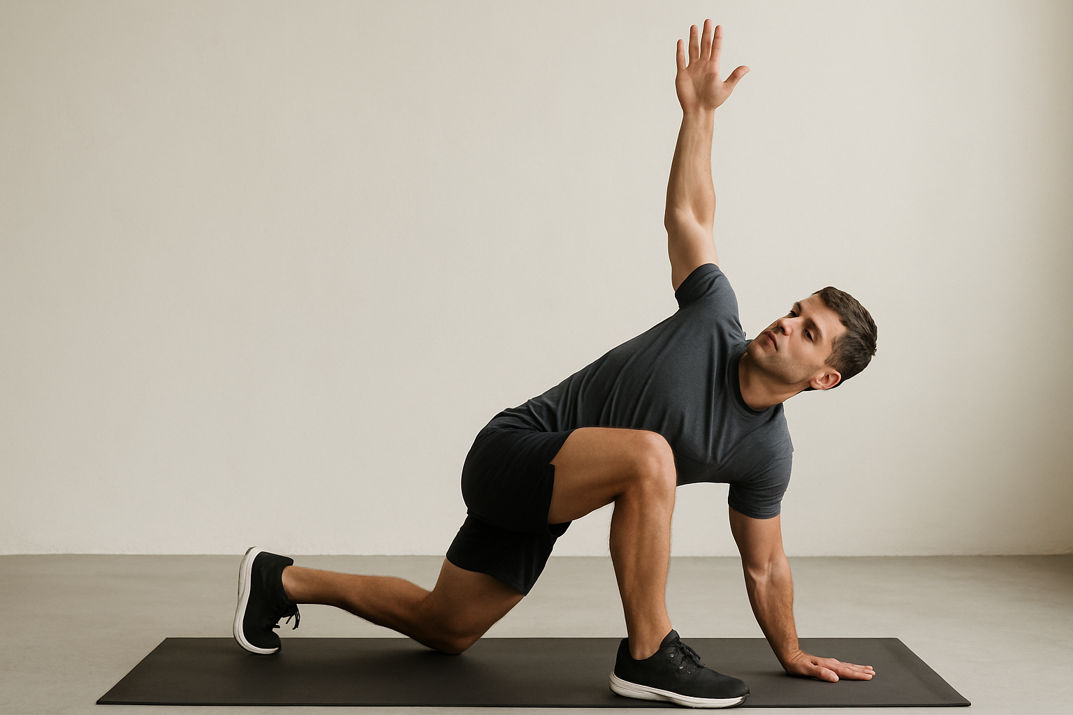 Athlete performing a thoracic spine rotation stretch in a lunge position