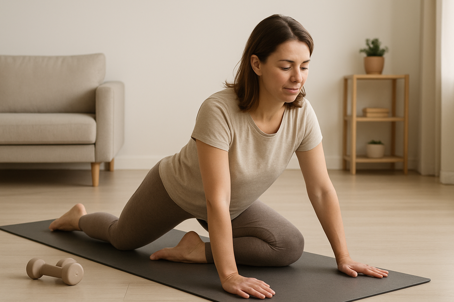 Person performing a home warm-up on a mat with gentle movements