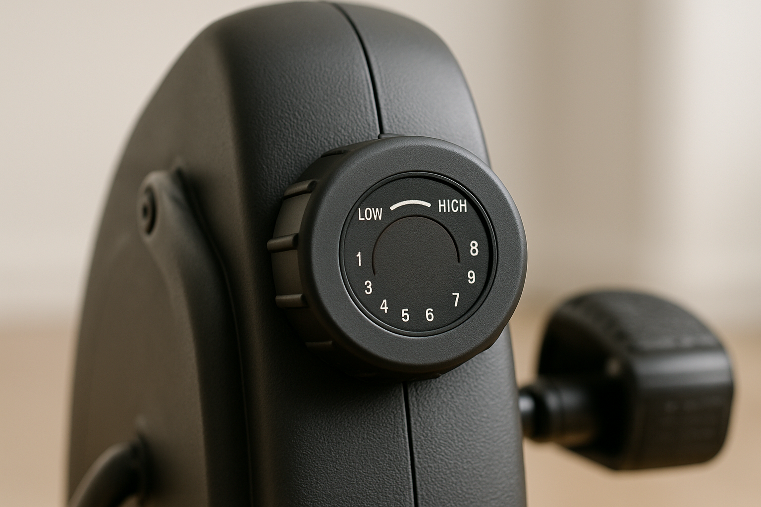 Close-up of magnetic resistance dial on a compact under desk bike