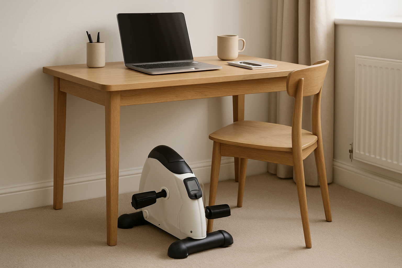 Compact under desk exercise bike positioned neatly beneath a home office desk in a UK flat