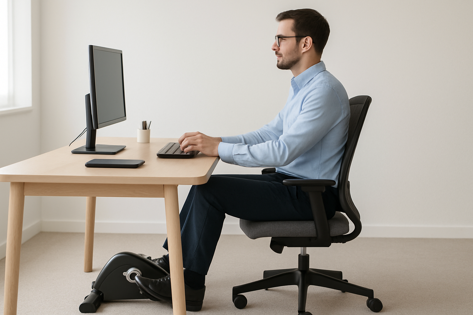 Office worker pedalling an under desk bike while typing, demonstrating upright posture
