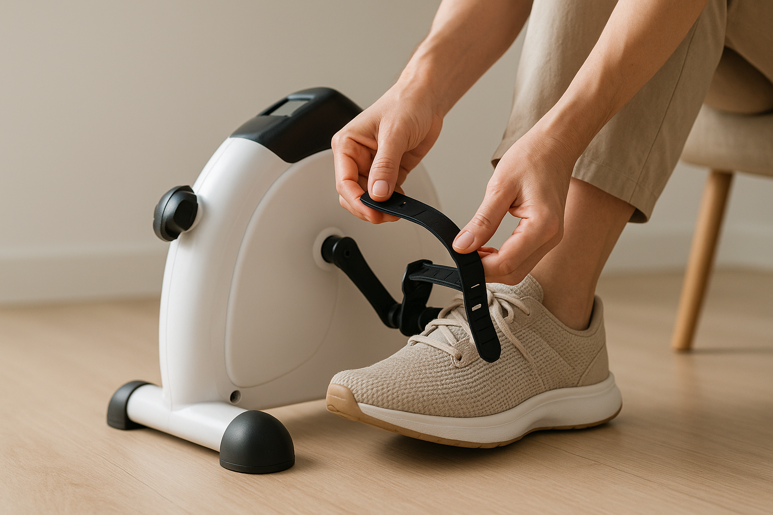 User adjusting pedal straps on a mini exercise bike to improve comfort and safety